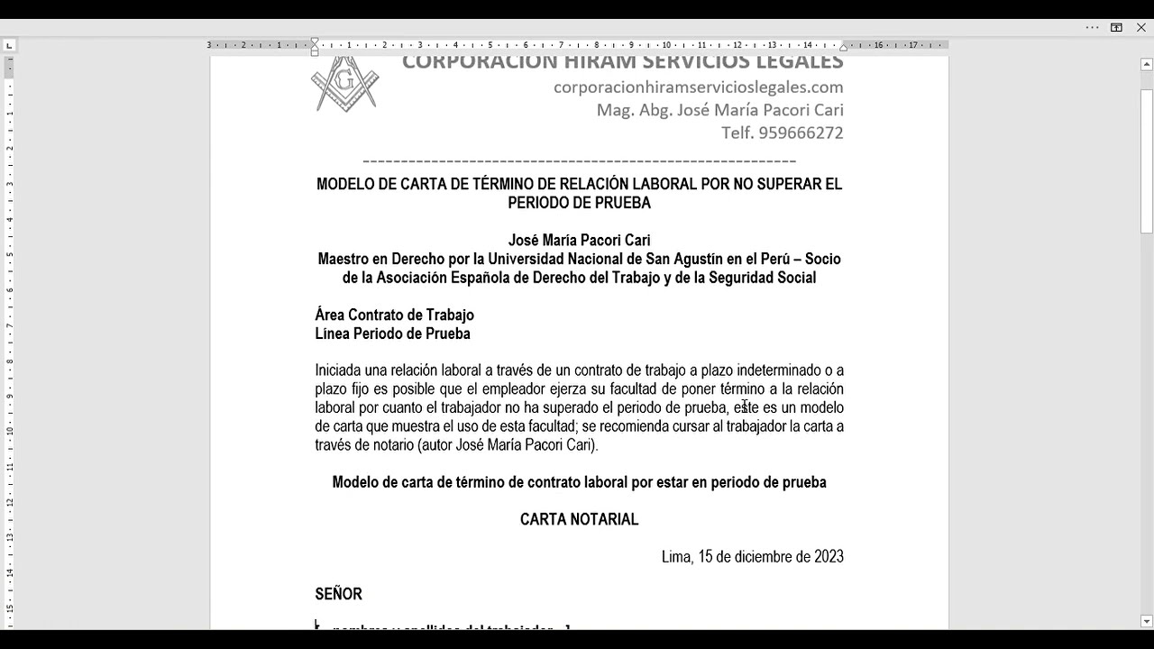 carta no superar periodo de prueba word